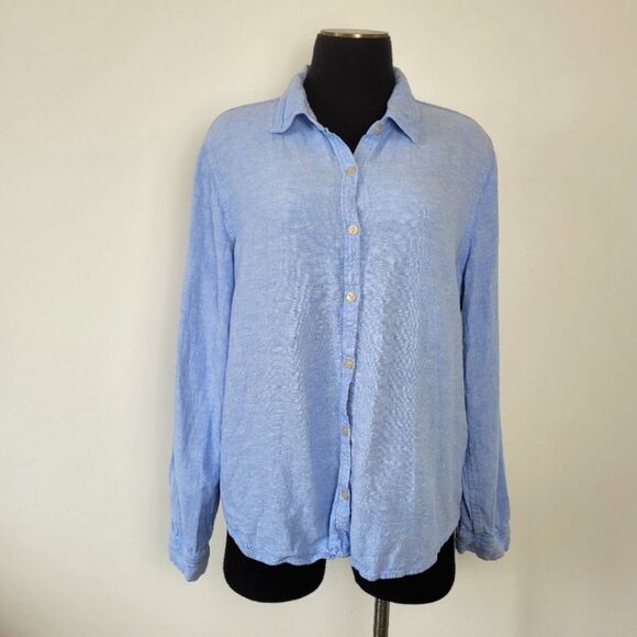 Orvis Linen Blend Button Up Blouse Top Cornflower Blue Summer Lightweight Large - Picture 1 of 9